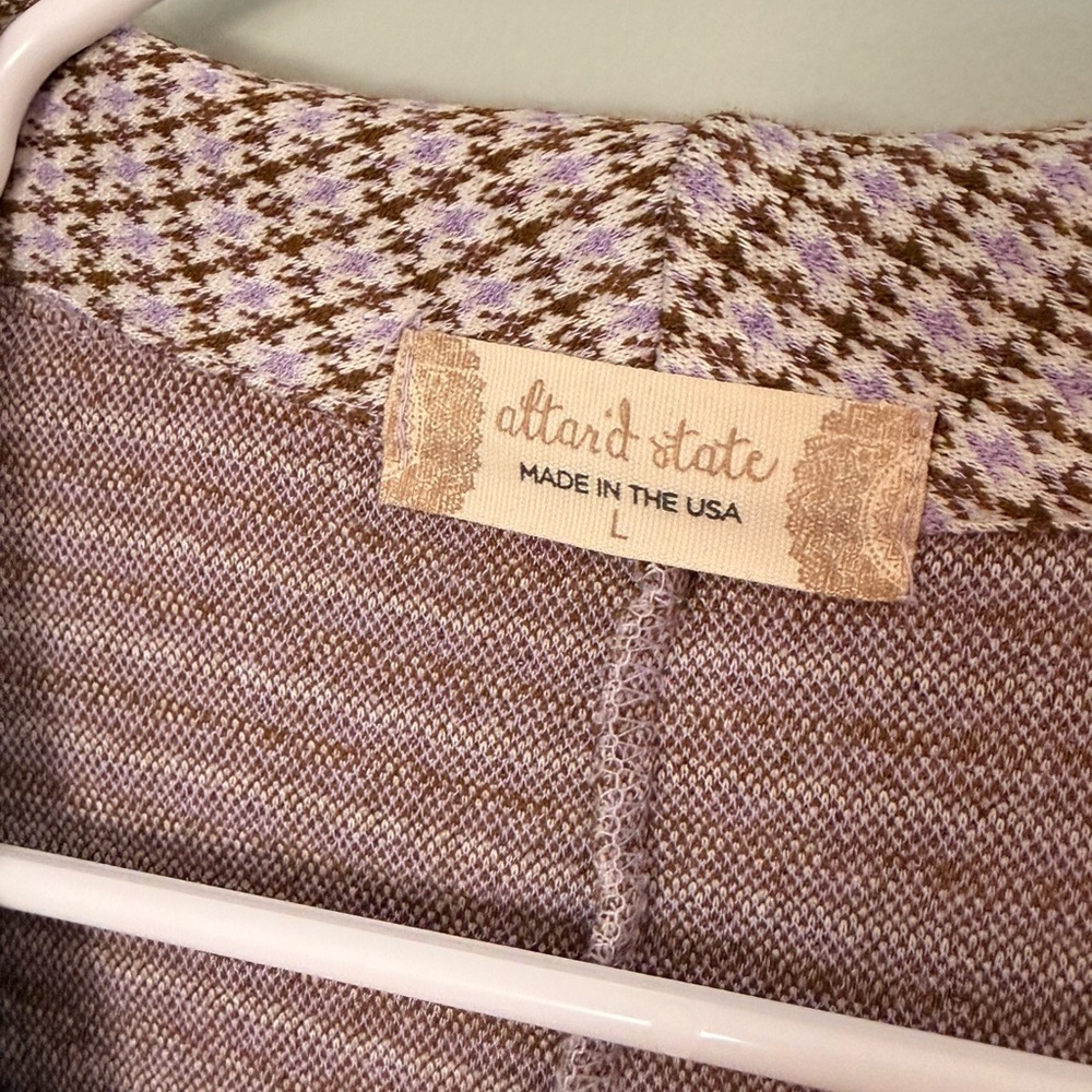 Altar'd State Houndstooth Blazer Cardigan Brown Lilac Large Made in USA - Picture 2 of 6